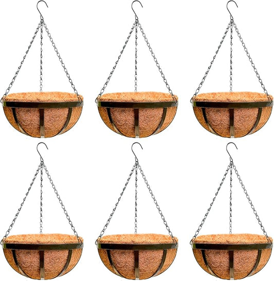 LaLaGreen Outdoor Hanging Baskets for Plants (12 Inch, 6 Pack) Medium Hanging Planter with Coco Liner, Flat Iron Metal Round Plant Flower Pots for Deck Patio Porch Garden Balcony Outside Decoration