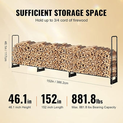 VEVOR 12.7FT Outdoor Firewood Rack with Cover, 152x14.2x46.1in, Heavy Duty Firewood Holder & 600D Oxford Waterproof Cover for Fireplace, Patio, Indoor/Outdoor Log Storage Rack for 3/4 Cord of Firewood