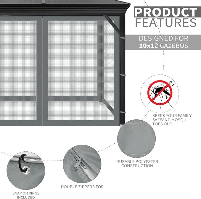 Gazebo Universal Replacement Mosquito Netting, Outdoor Mesh Netting Screen 4-Panel Sidewall with Zipper for Patio, Canopy, Garden and Backyard, Gray(Mosquito Net Only) (Gray, 10' x 12')