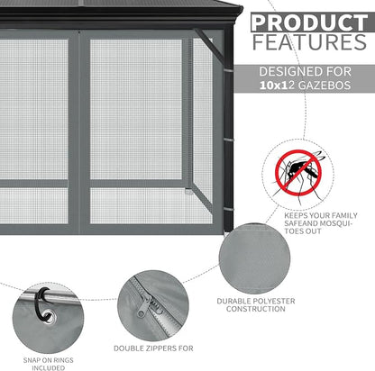 Gazebo Universal Replacement Mosquito Netting, Outdoor Mesh Netting Screen 4-Panel Sidewall with Zipper for Patio, Canopy, Garden and Backyard, Gray(Mosquito Net Only) (Gray, 10' x 12')