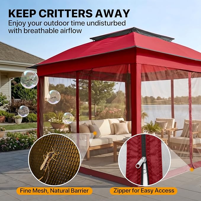 COOS BAY 11x11 Pop Up Gazebo with Mesh Netting, Instant Outdoor Canopy Tent, Water Resistant Shelter with UPF 50+ UV Protection, 121 Sq Ft Coverage, Red