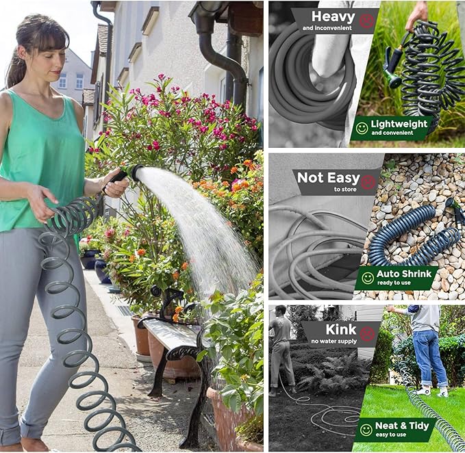 Coil Hose 75FT EVA Coil Garden Hose With 3/4'' Brass Connector Coiled Water Hose Lightweight And No Kink Includes 7 Patterns Spray Nozzle For Outdoors Lawn Watering Car Washing