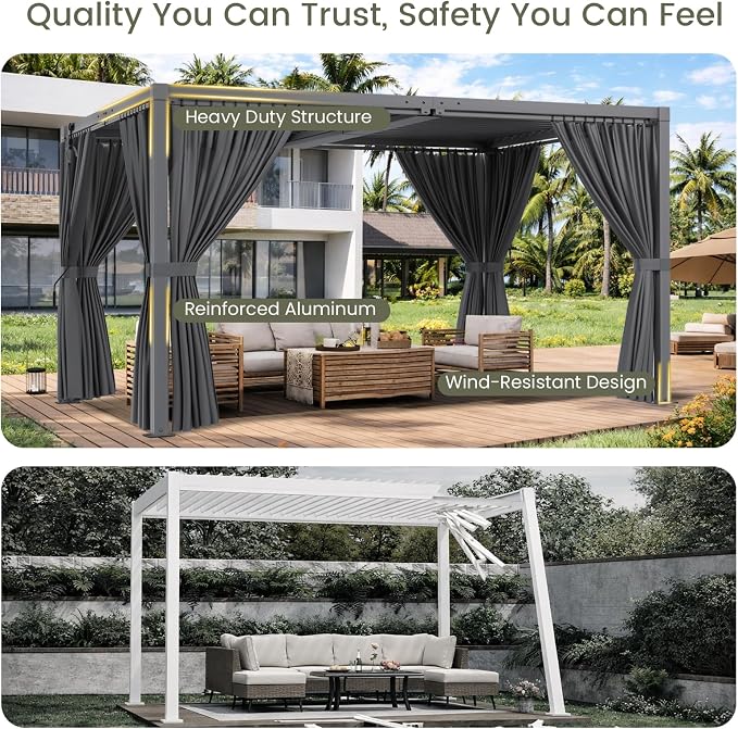 Louvered Pergola 12'x20' Outdoor Pergola with Roof, Heavy Duty Aluminum Frame & Waterproof Curtains, Hardtop Gazebo with Adjustable Louvers for Patio, Deck and Backyard, Gray