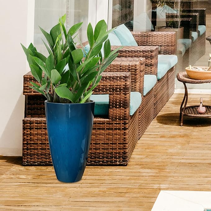 RUBBER BOND Plant Pots 2 Pack - Modern Indoor/Outdoor Planters for Home Decor - Weather-Resistant Large Flower Pots - Lightweight 21.26 Inches Tall Planters - Blue Glossy Round Pots for Plants