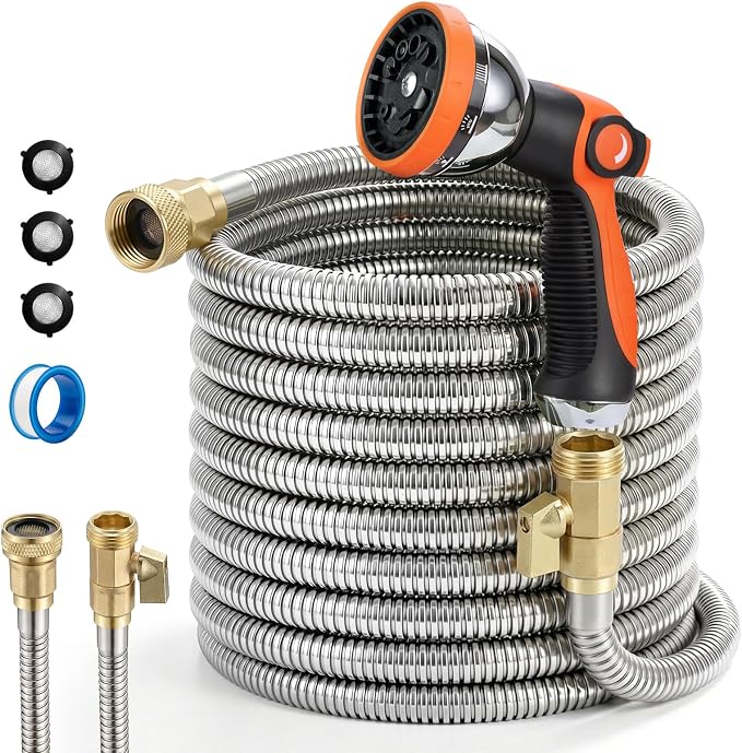 Garden Hose, 25ft 5/8" Stainless Steel Water Hose w/ 10-Mode Spray Nozzle, On/Off Valve, 523 PSI Burst, Anti-Kink, Lightweight All-Weather Flexible, Leakproof 3/4" Brass Male to Female Fittings