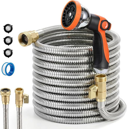 Garden Hose, 25ft 5/8" Stainless Steel Water Hose w/ 10-Mode Spray Nozzle, On/Off Valve, 523 PSI Burst, Anti-Kink, Lightweight All-Weather Flexible, Leakproof 3/4" Brass Male to Female Fittings