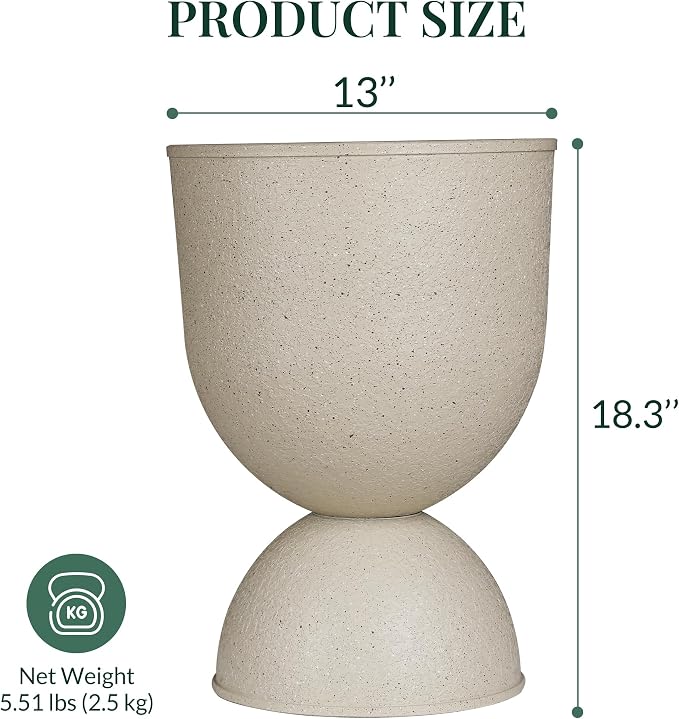KOL Planters Flower Pots, Plastic Urn Planters for Indoor Outdoor Plants, Beige Pedestal Planter Pots 2 Pack, 18 Inch Tall Decorative Planters with Drainage Holes & Plugs for Front Porch Patio Garden