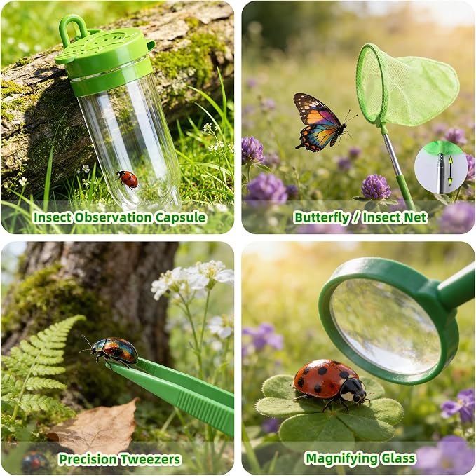 Kids Gardening Tools and Bug Catcher Kit with Wheelbarrow Sets, Ages 2 3+ | Shovel, Rake, Bug Catcher Kit, Summer Outdoor Yard Digging Weed Tools, Easter Birthday Gift for Boys Girls, Green