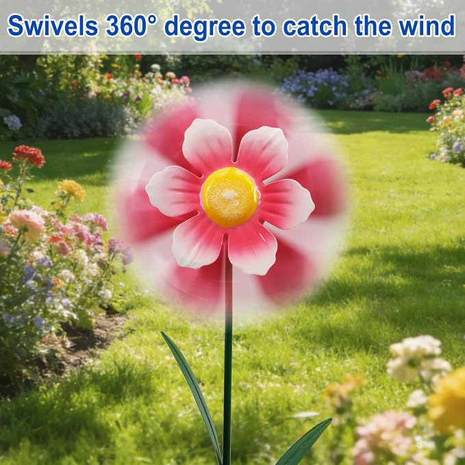 Garden Wind Spinner 2 Pack, Outdoor Metal Flower Stake Decor, Waterproof Kinetic Sculptures for Backyard Flower Bed, Spring Gardening Gifts for Mom (Red/Pink)