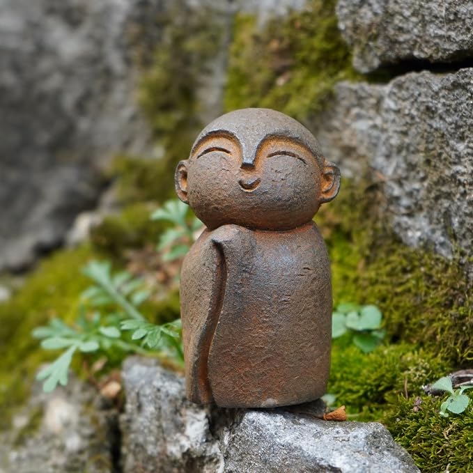 OwMell Japanese Jizo Monk Statue, Buddha Jizo Figurine Memorial Aquarium Statue Ornament - Praying Iron