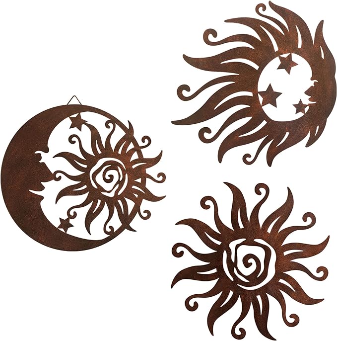Limygus Set of 3 Rust Colored Sun Moon Metal Wall Art, Rust Proof Indoor Outdoor Farmhouse Patio Bedroom Decor