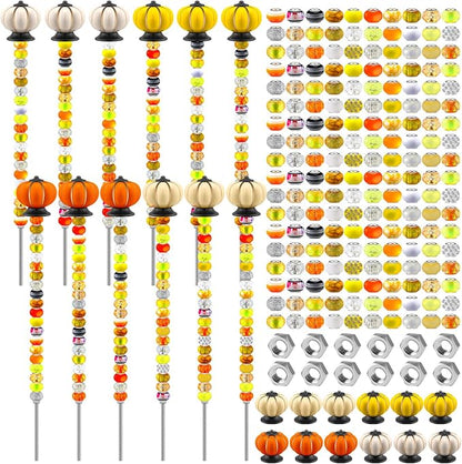 Tigeen 236 Pcs Garden Stake DIY Fairy Wand Plant Stake with 12 Colorful Crystal Stopper Top 12 Threaded Rod with 200 Large Hole Bead for Spring Summer Holiday Outdoor Decorations(Autumn Pumpkin)