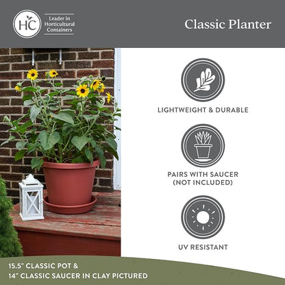 The HC Companies 15.5 Inch Classic Round Planter Pots with Drainage, Rolled Rim Plastic Planters for Indoor & Outdoor Plants, 2-Pack Decorative Flower Pots for Garden, Office & Home Decor, Clay