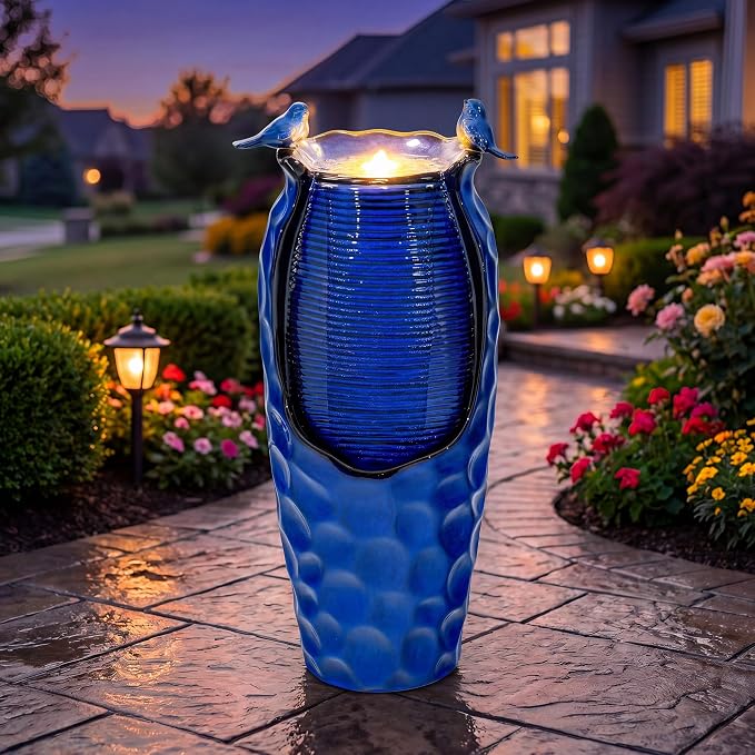Autodaya 33" Vase Ceramic Outdoor Water Fountain with Lights and Birds | cobalt blue glazed water feature with textured design, ambient soothing cascading water flow for garden patio yard sanctuary