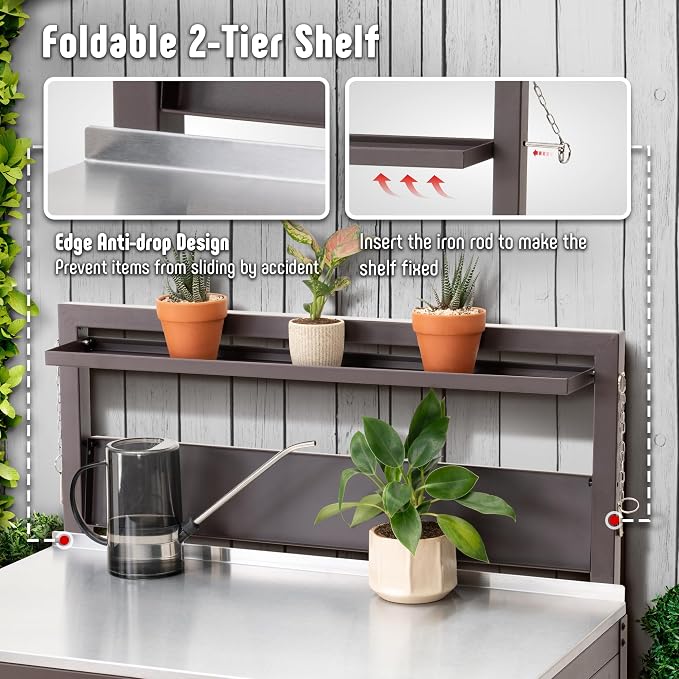 Feasto Outdoor Potting Bench Table with Storage Cabinet, Brown | Stainless Steel Garden Workstation, Raised-Edge Top, Adjustable Shelf & Removable Hutch, Patio, Balcony & Outdoor Workspace