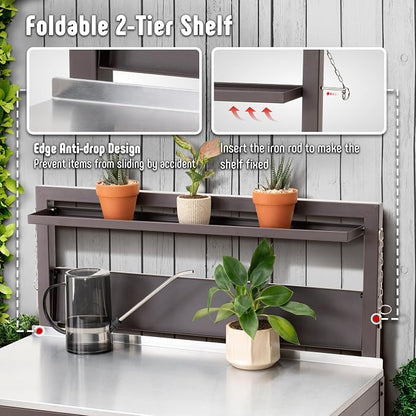 Feasto Outdoor Potting Bench Table with Storage Cabinet, Brown | Stainless Steel Garden Workstation, Raised-Edge Top, Adjustable Shelf & Removable Hutch, Patio, Balcony & Outdoor Workspace