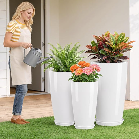 QCQHDU 24, 21, 18 inch Tall Planters for Outdoor Plants, with Drainage Hole & Saucer, Set of 3 Tall Outdoor Planter for Indoor & Outdoor Plants, Modern Home Decor