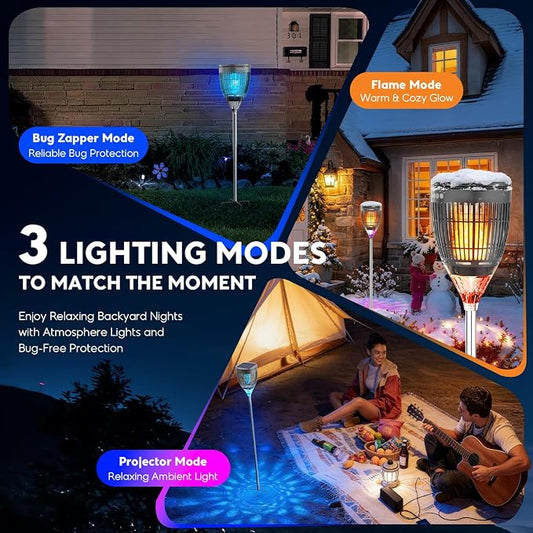 Solar Bug Zapper Outdoor, Mosquito Zapper with Flame Light & RGB Projector | Solar Powered & USB Rechargeable, IP65 Waterproof 4200V Electric Mosquito Killer for Yard Garden Camping 2000 Sq Ft