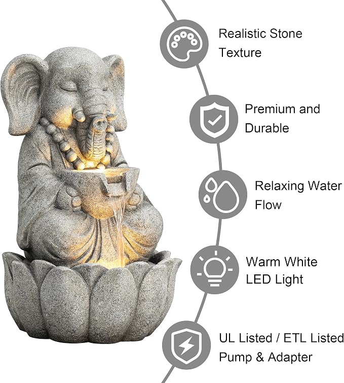 Glitzhome Outdoor Fountains and Waterfalls Zen-Style Concrete Resin Elephant Water Fountains with LED & Pump, Garden Patio Water Fountain Yard Fountain 2 Tier Floor Waterfall for Backyard Lawn 22" H