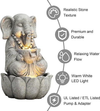 Glitzhome Outdoor Fountains and Waterfalls Zen-Style Concrete Resin Elephant Water Fountains with LED & Pump, Garden Patio Water Fountain Yard Fountain 2 Tier Floor Waterfall for Backyard Lawn 22" H