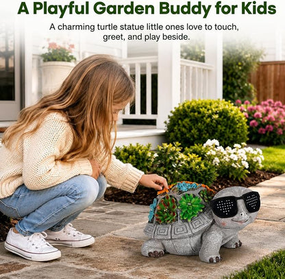 Unique Solar Garden Turtle Statue with I Love You LED Sunglasses and Succulent LED Lights, Lawn Decor Tortoise Figurine for Patio, Balcony Yard Ornament for Mom, Women & Grandma