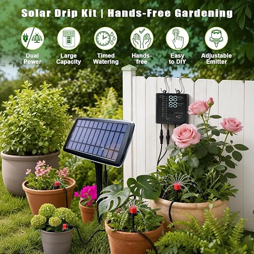 Solar Drip Irrigation System, Auto Watering Kit for 15 Pots, 49FT Hose, Low Water Alarm & Split Solar Panel, One-Button Timer, Self-Watering for Indoor Outdoor Garden Balcony Patio
