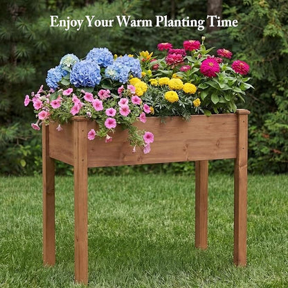 DUMOS Raised Garden Bed 34x18x30 Inch, Outdoor Planter Box with Legs, Elevated Wood Garden Bed with Liner for Herbs Flowers Vegetables, Wooden Planter Box for Patio, Balcony, Backyard, Brown
