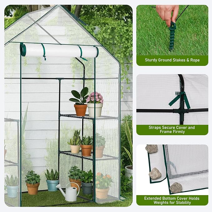 Outvita Walk-in Greenhouse, Outdoor Durable PE Plant Green House for Frost Protection with 3 Tiers 4 Shelves, Shelf Clips, Roll-up Zipper Door, 56"x29"x77" White