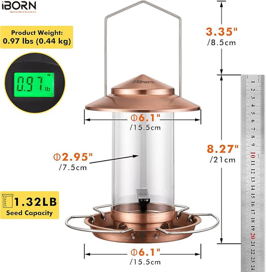 iBorn Bird Feeder Metal Chew-Proof Bird Feeders for Outdoors Hanging Outside for Cardinal, Holds 1.32LB Seed with 3 Perchs, Brushed Copper (Seed is not Included)