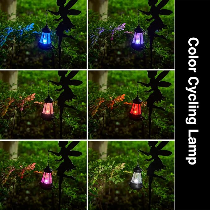 Solar Fairy Garden Accessories Outdoor 1 Pair - Metal Stakes Decorative Figurines Housewarming Ornament for Patio, Lawn, Yard, Pathway - Unique Gift Ideas for Mom Grandma (Type B Color-Shifting)