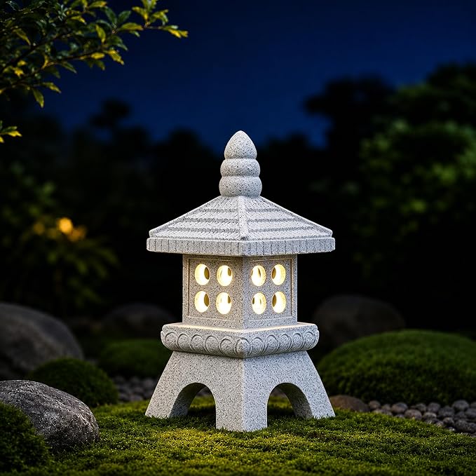 Nacome Solar Pagoda Garden Statues: 11.5 inches Outdoor Weatherproof Resin Zen Decor for Landscape Balcony Patio Porch Yard Ornament(Gray)