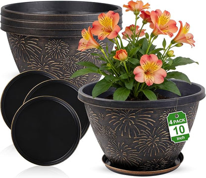 Nooulap 4 Pack 10 Inch Flower Pots with Drainage Holes and Saucers, Plant Pots for Indoor Outdoor Plants,Antique Gold Firework Embossed Plastic Planters for Balcony Patio Porch Garden Decor