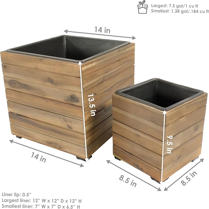 Sunnydaze Outdoor Wooden Planter Boxes - 2 Acacia Wood Square Plant Pots with Removable Liners - Anthracite Stain
