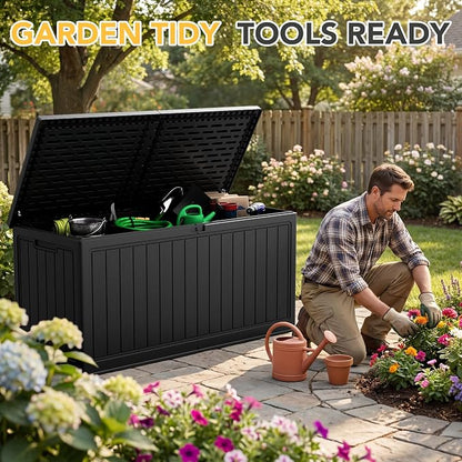 270 Gallon HDPE Deck Box Outdoor Indoor Waterproof Storage Box for Patio Furniture, Pool Accessories, Garden Tools, and Cushion Storage, Black
