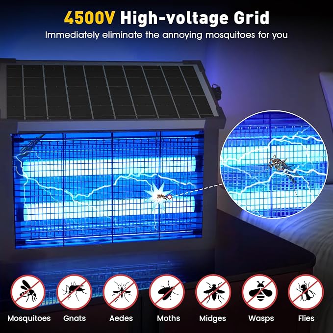 Solar Bug Zapper Outdoor, 4500V Solar Mosquito Zapper Outdoor Waterproof, 1/2 Acre Coverage Rechargeable Electric Fly Zapper, Cordless Portable Mosquito Traps for Backyard, Patio, Camping, Indoor