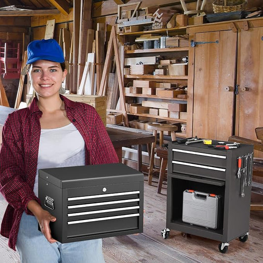ERGOMASTER Rolling Tool Chest and Cabinet with 6-Drawers - Includes 4-Drawers Removable Top Box, 2-Drawer Capacity Tool Storage, Wheels and Locking System for Convenient and Safe Tool Storage-Black