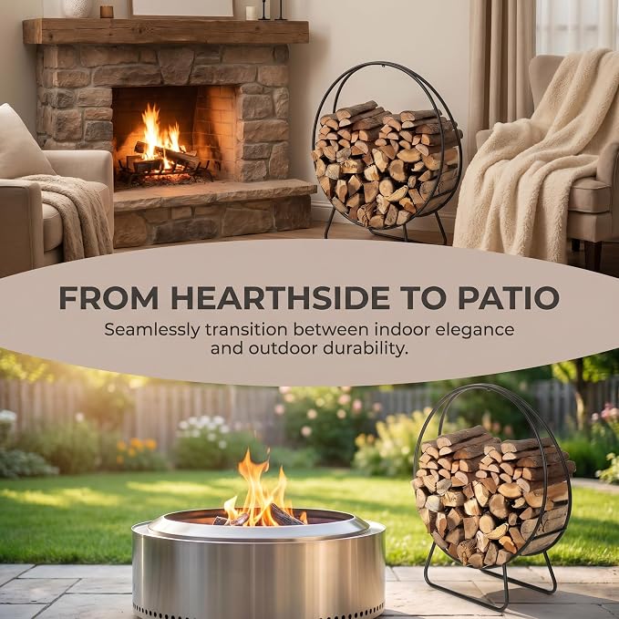 Firewood Rack Outdoor, 24 Inch Round Firewood Storage Log Rack with Arrow Style, Wood Rack for Indoor Fireplace & Balcony (Black)