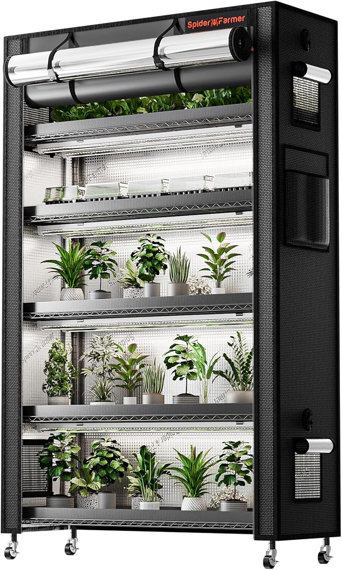 Spider Farmer 2026 Plant Stand with Grow Lights, 6-Tier Plant Shelf with 10Pcs 3ft Full Spectrum 220W Led Lamp and Grow Tent, for Veg Seed Starting Plants Growth Greenhouse 5000K 43Lx16Dx71H (Update)