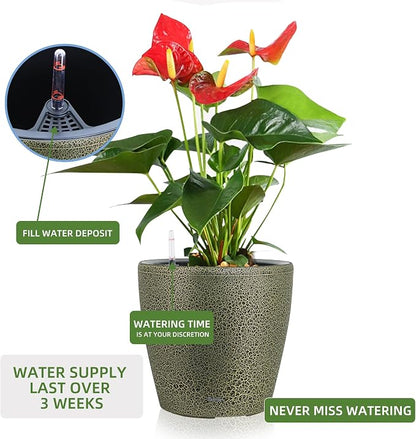 Dexceder 13x12 Self Watering Planter with Wheels (Black Gold Crackle) | Inner Pot Design, Thickened Large Floor Standing Flower Plant Pot with Water Level Indicator Indoor Outdoor