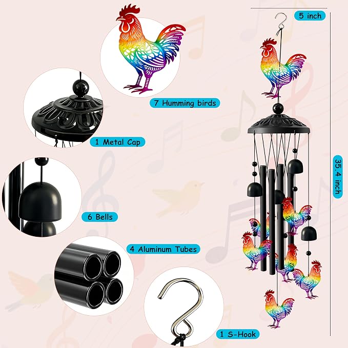Wind Chimes for Outside, Deep Tone Memorial Windchimes for Patio Porch Balcony Decoration, Memorial Wind Chimes Gifts for Mother’s Day Women Mom Grandma Sister(Chicken)