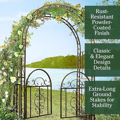 Plow & Hearth Arch Metal Outdoor Garden Arbor Double Gate | Montebello | 7 Feet Tall | Gunmetal Black | Steel Iron Trellis Lattice Climbing Plants & Heavy Vines