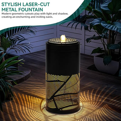 23.6" Outdoor Water Fountain with LED Lights, Metal Cutout Geometric Patterns Modern Garden Fountain with Pump, Soothing Cascading Water Flow for Patio, Deck, Porch Décor