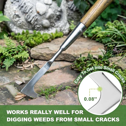 Haliaeetus Long Handle Crack Weeder Tool, 62'' L-Shape Stainless Steel Crevice Weeding Tool, Comfortable Wood Handle Paver Weeder, Sidewalk Weed Removal Tool for Driveway, Bricked Patio,Terrace Paving