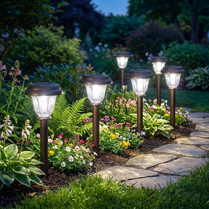 DERAYSION Solar Lights Outdoor, 6 Pack Brushed Stainless Steel Glass Solar Pathway Lights, Auto On/Off Long-Lasting Outdoor Solar Lights for Garden, Landscape, Path, Yard, 6000K Cold White