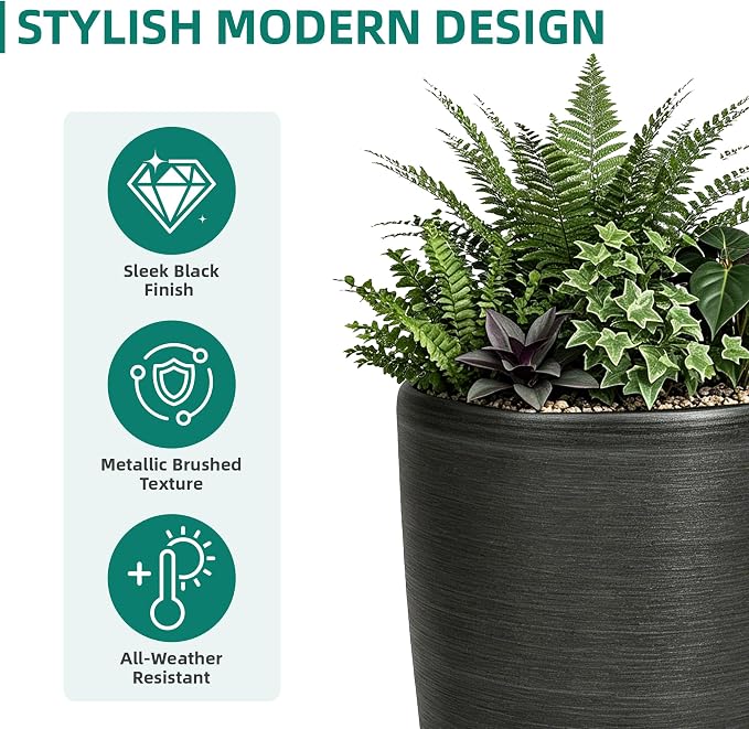 Autodaya 22.8" Tall Black Brushed Resin Planters Set of 2 | High-Density Resin Pots with Drainage Hole For Patio, Garden, Porch, Living Room, Indoor or Outdoor Use, and Gifting