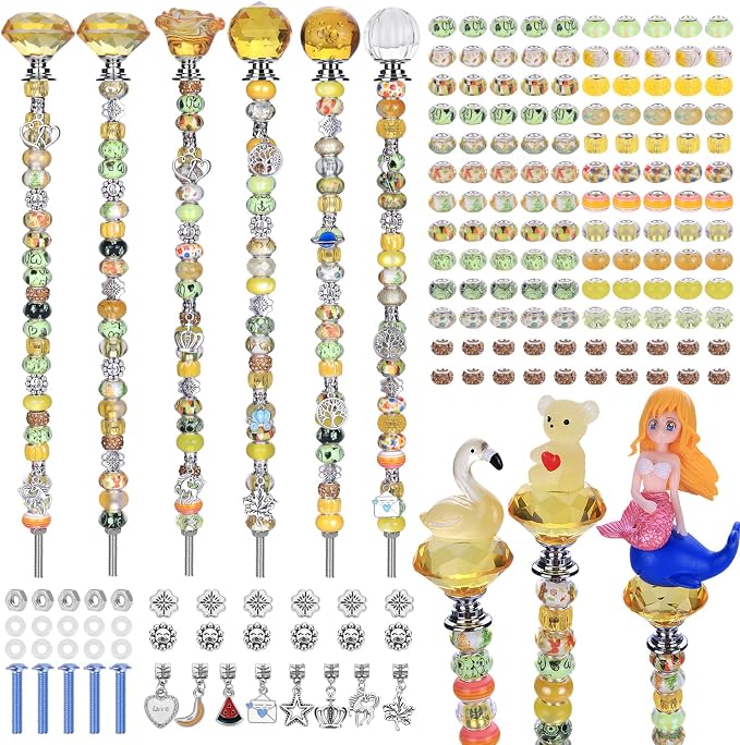 AIPRIDY DIY Crystal Beaded Fairy Wand Garden Stakes Kit, Colorful Decorative Wands with Assembly Guide, 12 or 10 Inch Threaded Rods,Outdoor Garden Decoration Set (158, Lenmon+Hybrid Top)