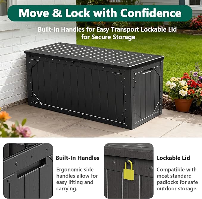 100 Gallon Outdoor Storage Box, Waterproof Resin Deck Box Organizer for Patio Cushion Storage, Lockable Outside Container for Garden Tools