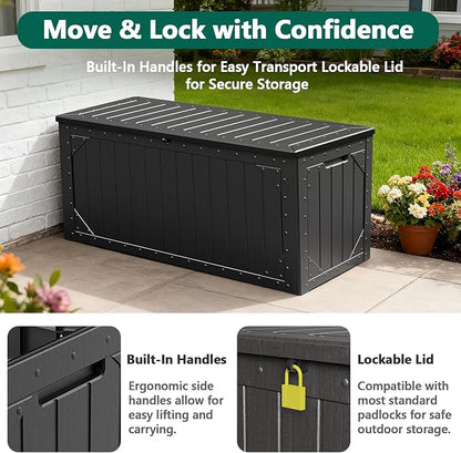 100 Gallon Outdoor Storage Box, Waterproof Resin Deck Box Organizer for Patio Cushion Storage, Lockable Outside Container for Garden Tools