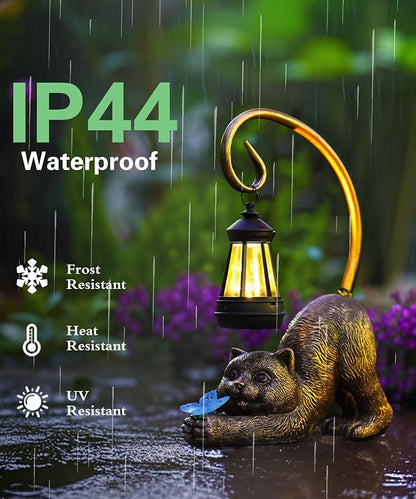 Solar Cat Garden Statue: Outdoor Sculptures with Lantern | Weatherproof Resin Decorations, Art Patio Balcony Yard Lawn Decor, Unique Birthday Gift for Women Mom Grandma