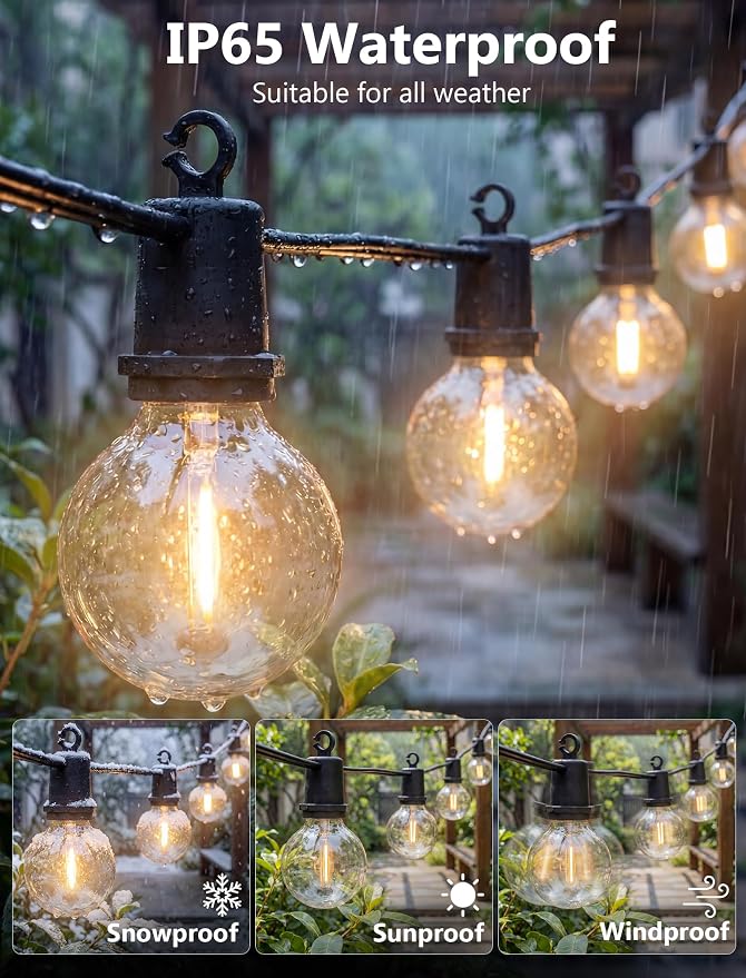 LED Outdoor String Lights, 25FT G40 IP65 Waterproof Patio Lights | 12+1 Shatterproof Bulbs, UL Certified, Plug-In, Connectable, Hanging Light for Backyard Porch Home Decor, Warm White